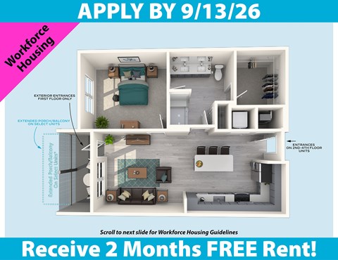 Floor plan for 1 bed, 1 bath, 749 sqft